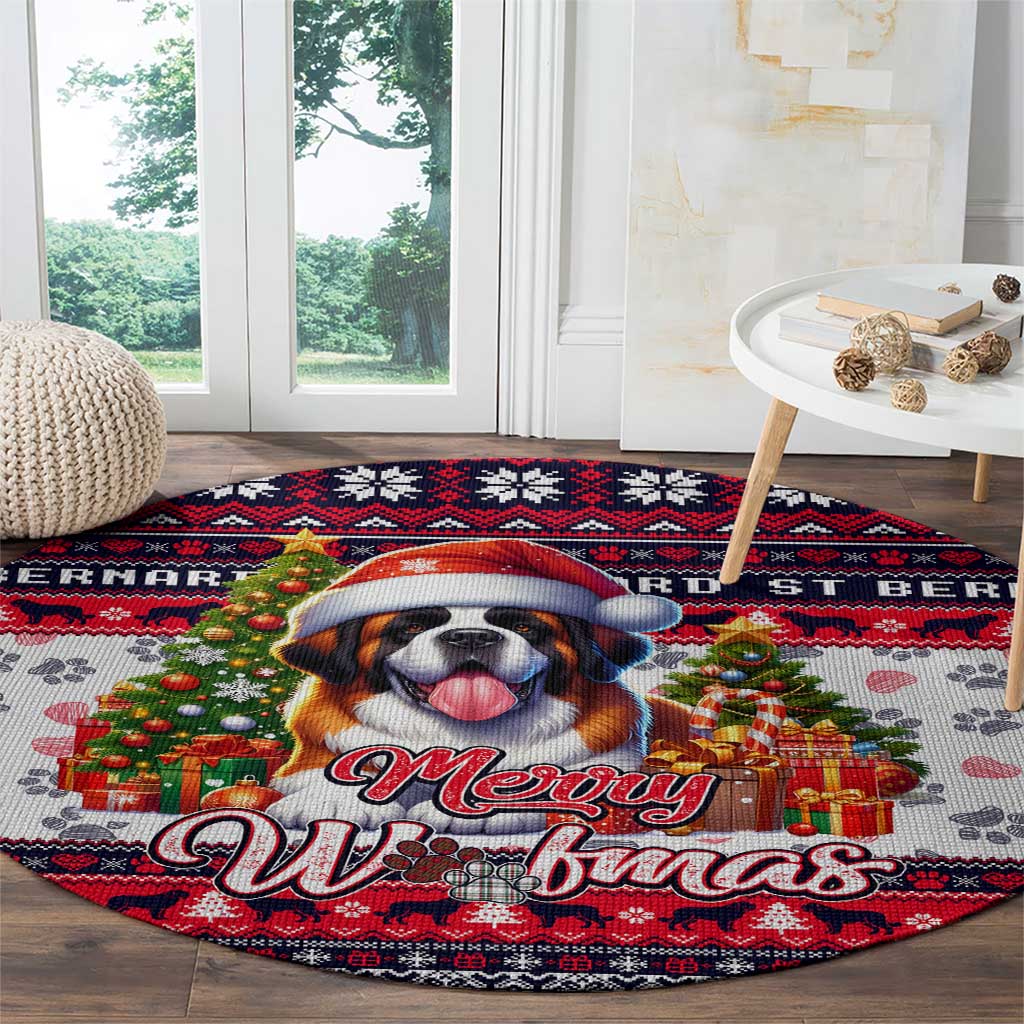 Saint Bernard Merry Woofmas Round Carpet Christmas Dog Art Style