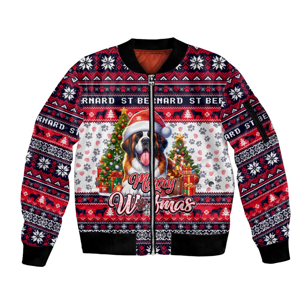 Saint Bernard Merry Woofmas Sleeve Zip Bomber Jacket Christmas Dog Art Style - Wonder Print Shop