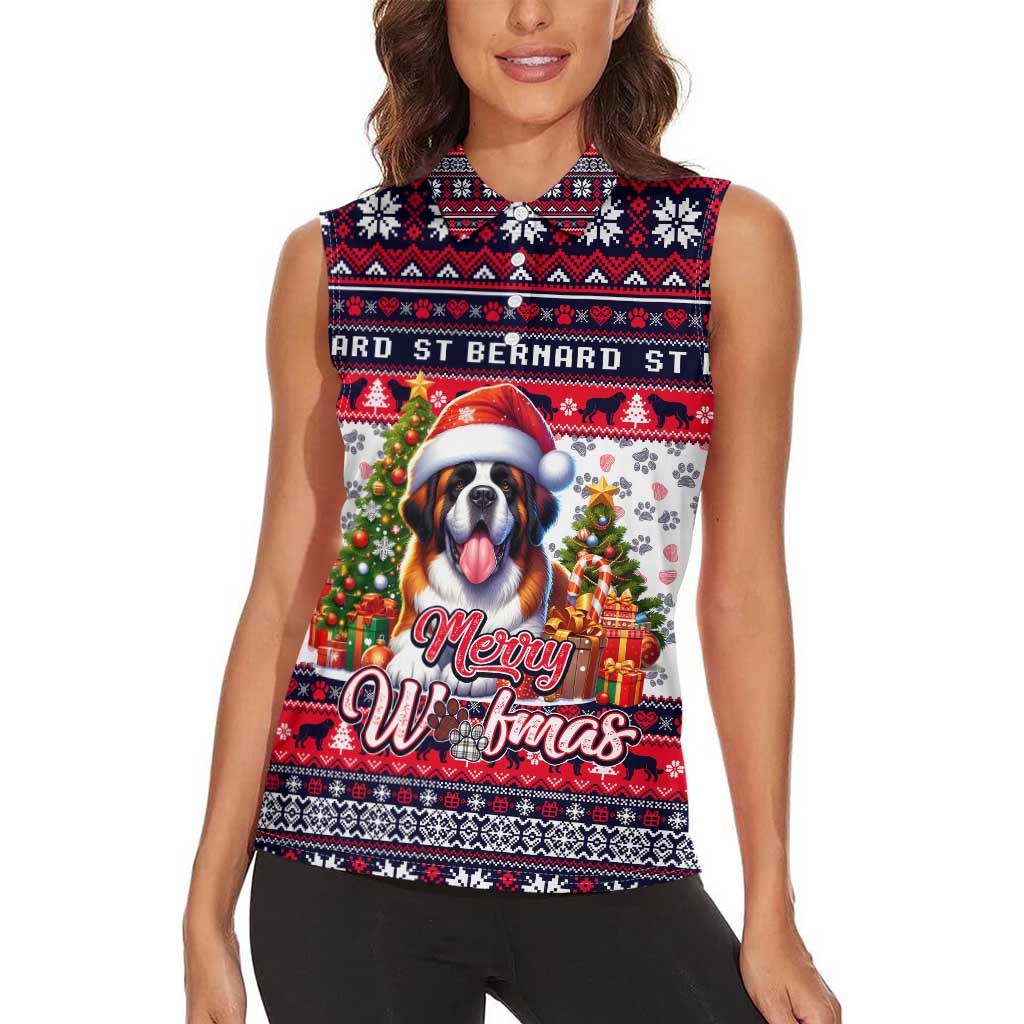 Saint Bernard Merry Woofmas Women Sleeveless Polo Shirt Christmas Dog Art Style - Wonder Print Shop