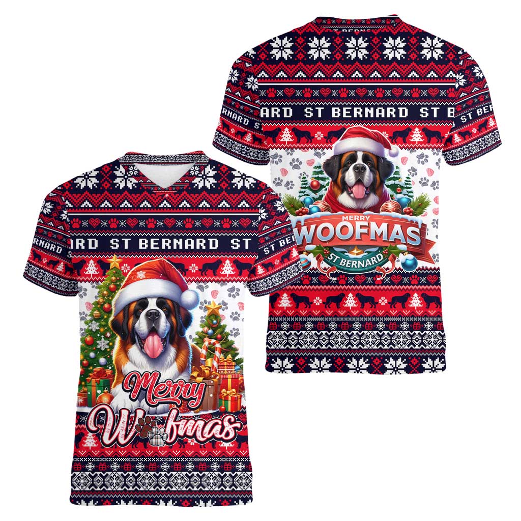 Saint Bernard Merry Woofmas Women V-Neck T-Shirt Christmas Dog Art Style - Wonder Print Shop