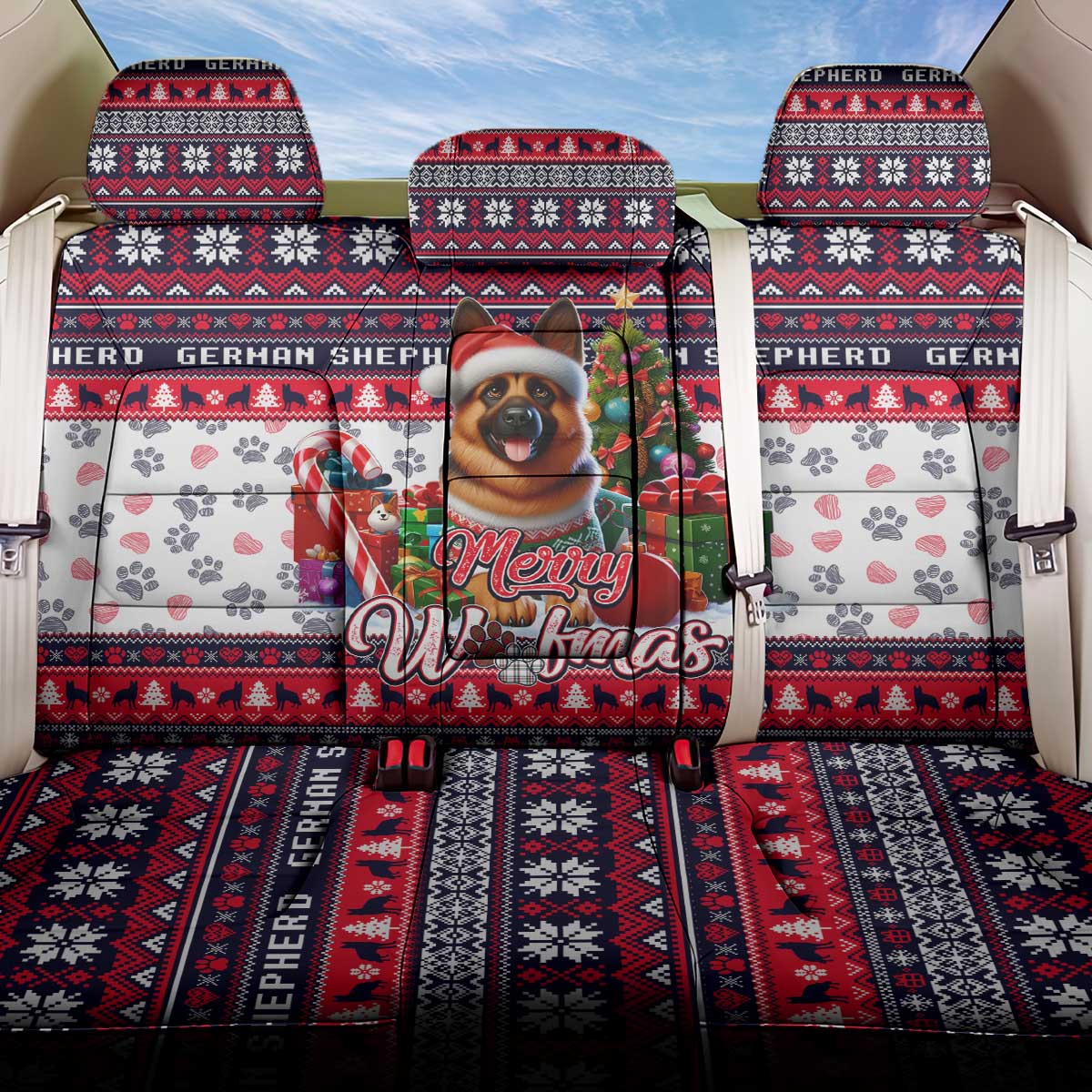 German Shepherd Merry Woofmas Back Car Seat Cover Christmas Dog Art Style - Wonder Print Shop