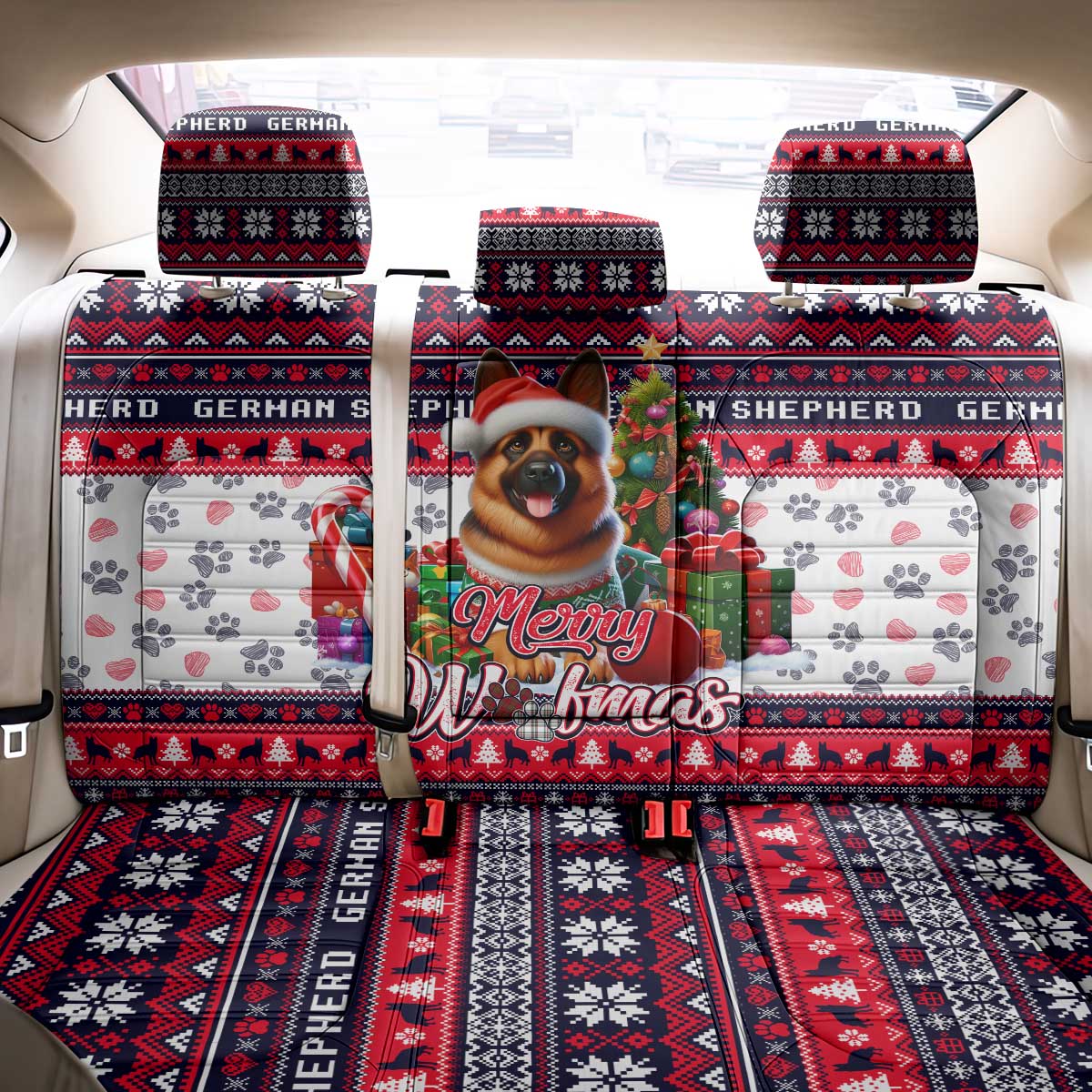 German Shepherd Merry Woofmas Back Car Seat Cover Christmas Dog Art Style - Wonder Print Shop