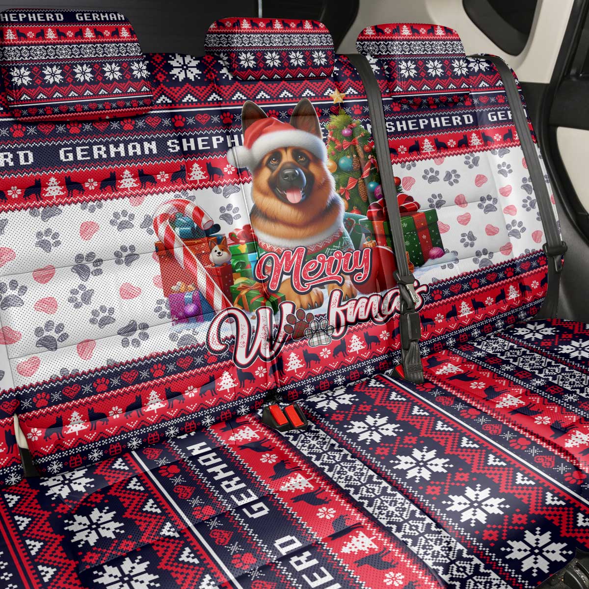 German Shepherd Merry Woofmas Back Car Seat Cover Christmas Dog Art Style - Wonder Print Shop
