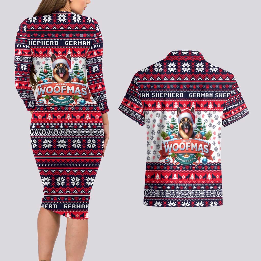 German Shepherd Merry Woofmas Couples Matching Long Sleeve Bodycon Dress and Hawaiian Shirt Christmas Dog Art Style - Wonder Print Shop
