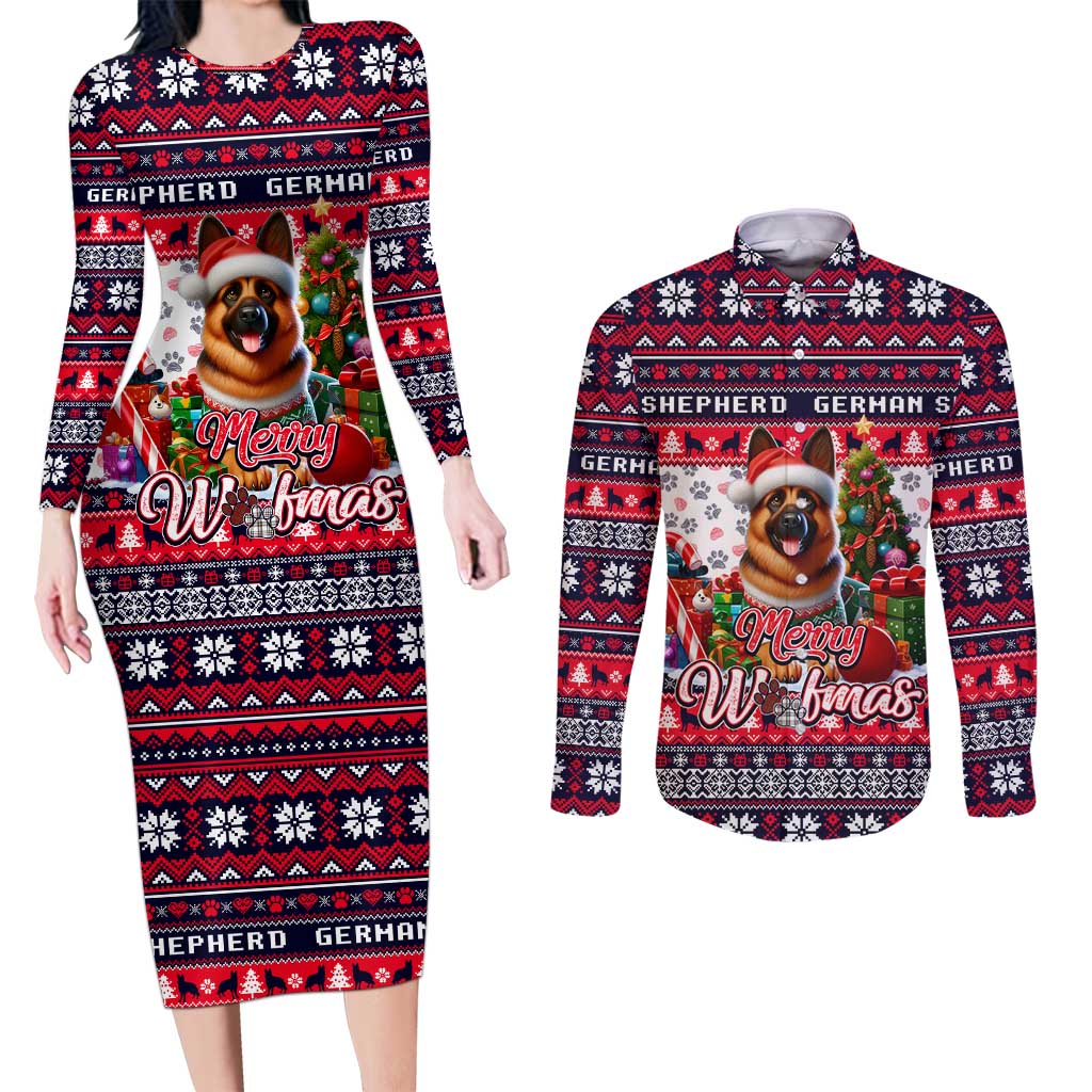 German Shepherd Merry Woofmas Couples Matching Long Sleeve Bodycon Dress and Long Sleeve Button Shirt Christmas Dog Art Style - Wonder Print Shop