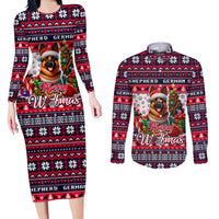 German Shepherd Merry Woofmas Couples Matching Long Sleeve Bodycon Dress and Long Sleeve Button Shirt Christmas Dog Art Style - Wonder Print Shop