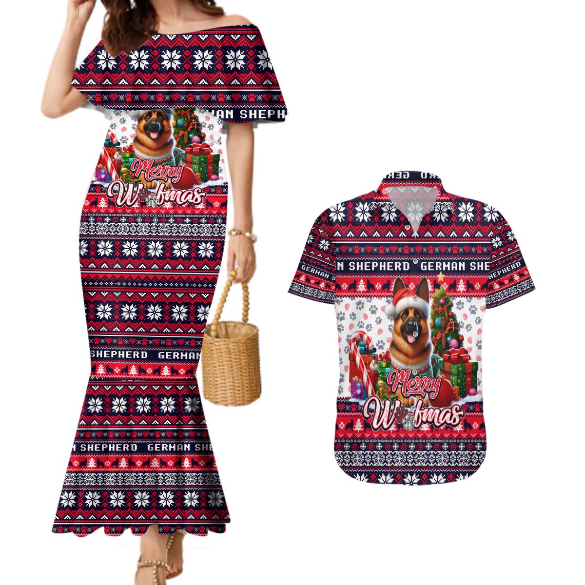 German Shepherd Merry Woofmas Couples Matching Mermaid Dress and Hawaiian Shirt Christmas Dog Art Style - Wonder Print Shop