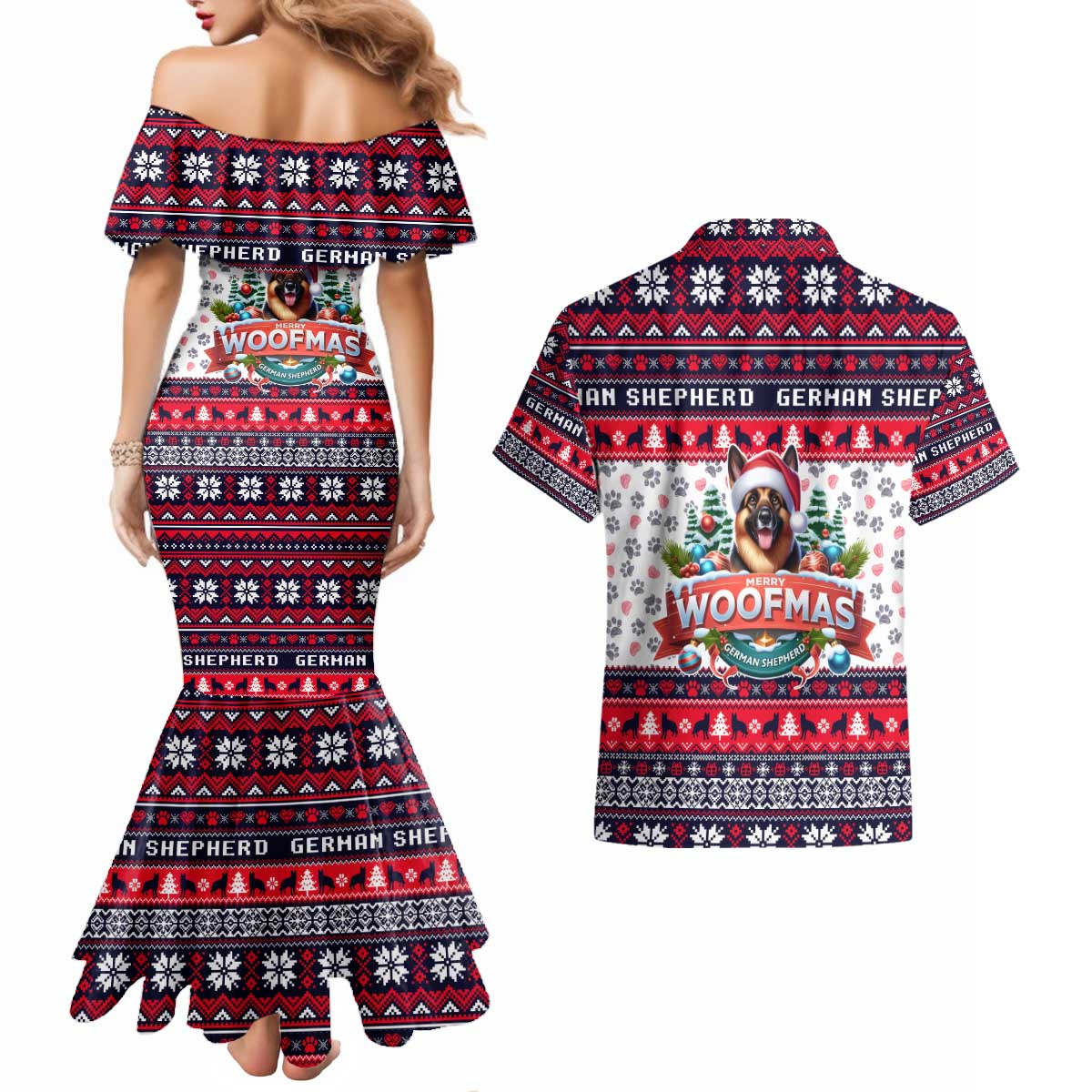 German Shepherd Merry Woofmas Couples Matching Mermaid Dress and Hawaiian Shirt Christmas Dog Art Style - Wonder Print Shop