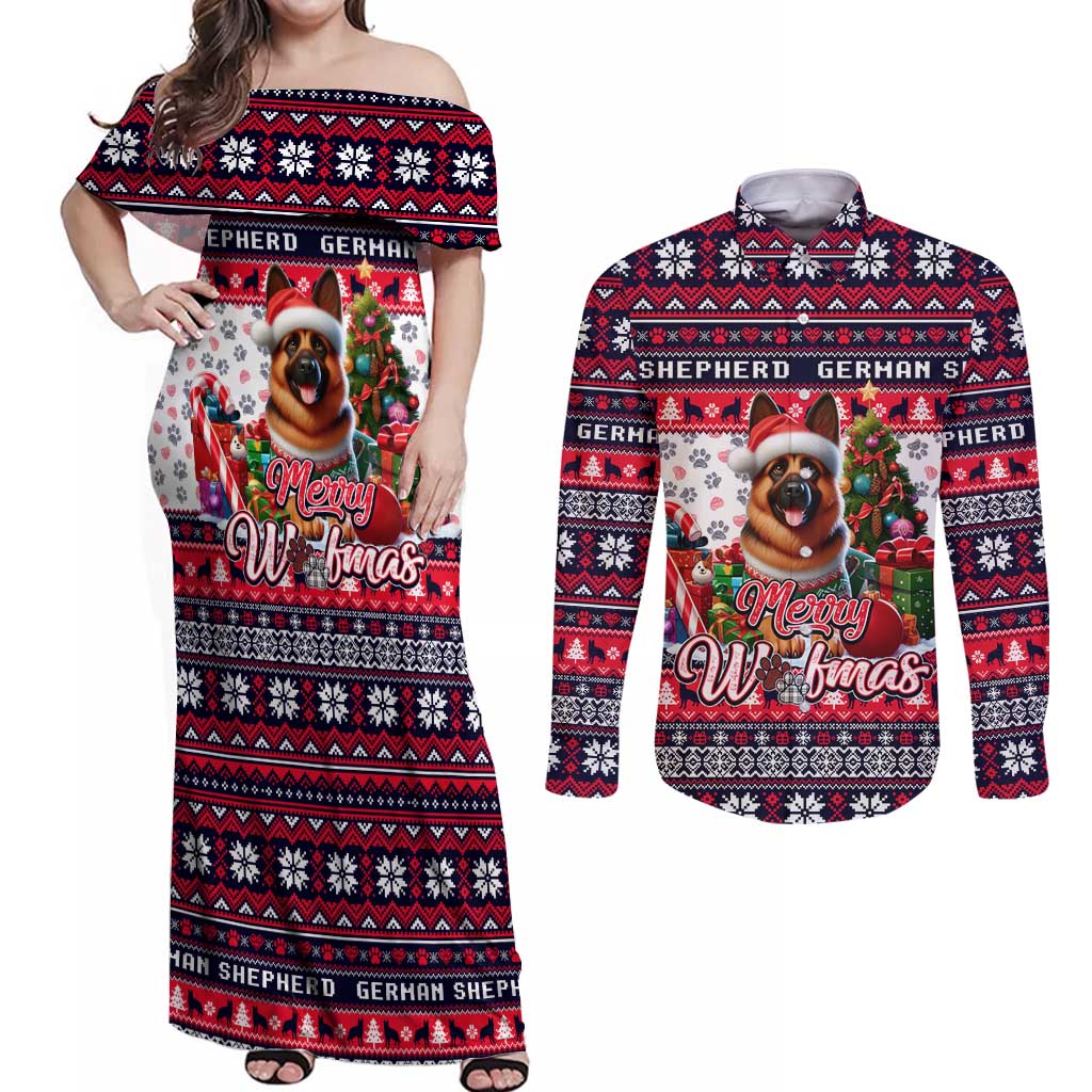 German Shepherd Merry Woofmas Couples Matching Off Shoulder Maxi Dress and Long Sleeve Button Shirt Christmas Dog Art Style - Wonder Print Shop