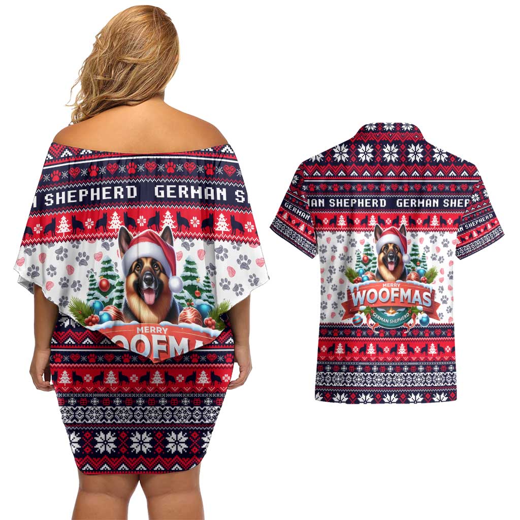 German Shepherd Merry Woofmas Couples Matching Off Shoulder Short Dress and Hawaiian Shirt Christmas Dog Art Style - Wonder Print Shop