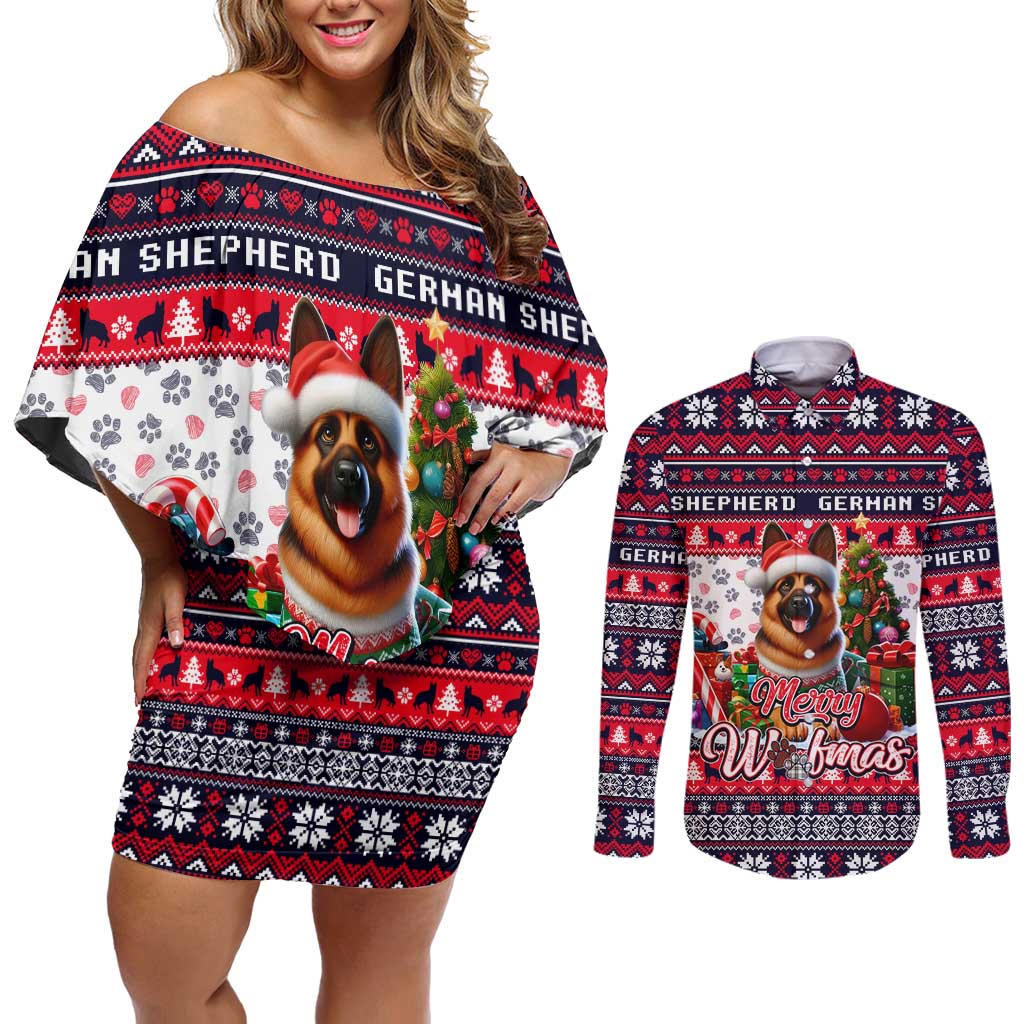 German Shepherd Merry Woofmas Couples Matching Off Shoulder Short Dress and Long Sleeve Button Shirt Christmas Dog Art Style - Wonder Print Shop