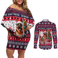 German Shepherd Merry Woofmas Couples Matching Off Shoulder Short Dress and Long Sleeve Button Shirt Christmas Dog Art Style - Wonder Print Shop