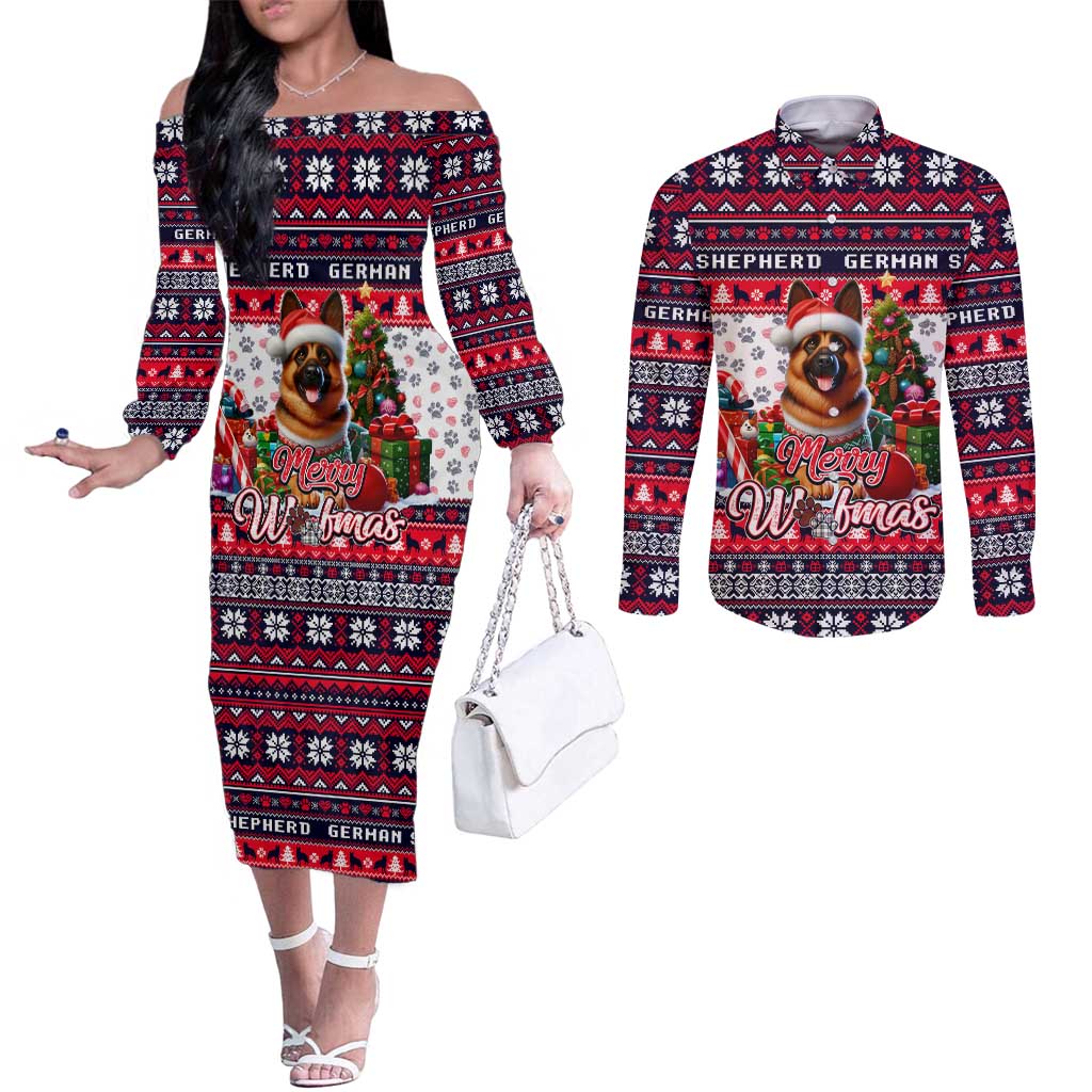 German Shepherd Merry Woofmas Couples Matching Off The Shoulder Long Sleeve Dress and Long Sleeve Button Shirt Christmas Dog Art Style