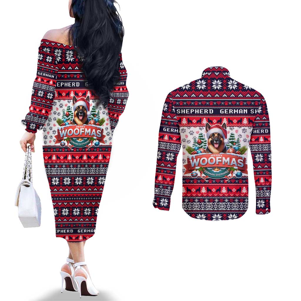German Shepherd Merry Woofmas Couples Matching Off The Shoulder Long Sleeve Dress and Long Sleeve Button Shirt Christmas Dog Art Style