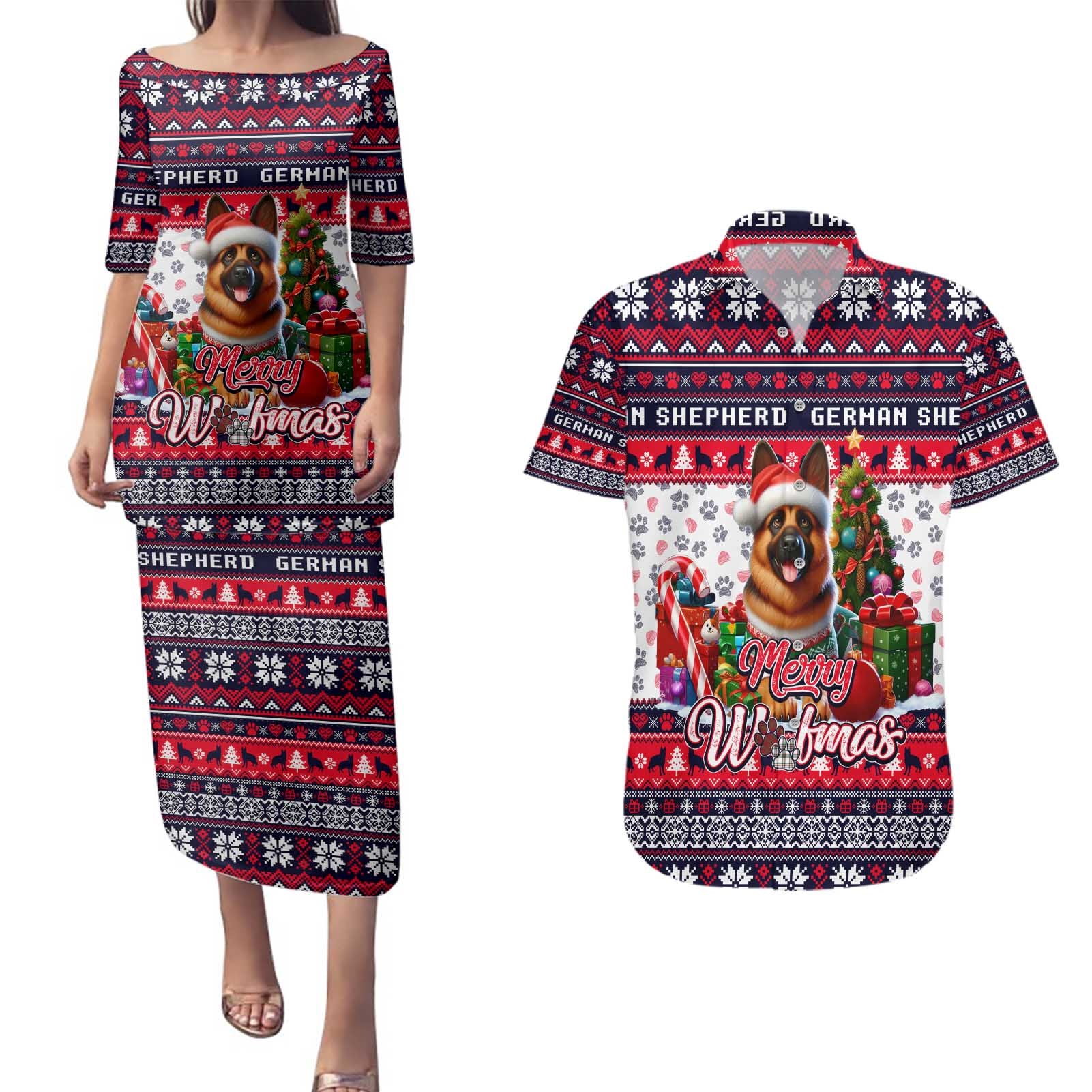 German Shepherd Merry Woofmas Couples Matching Puletasi and Hawaiian Shirt Christmas Dog Art Style - Wonder Print Shop