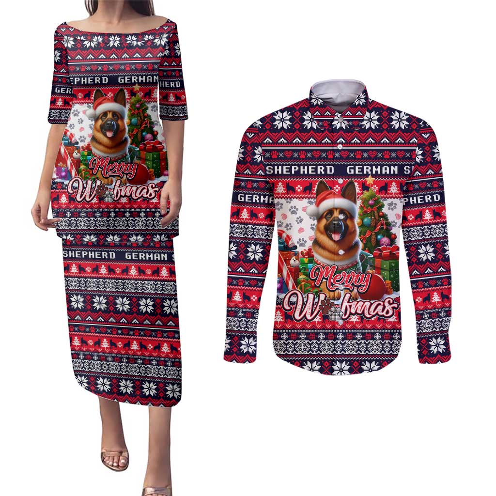 German Shepherd Merry Woofmas Couples Matching Puletasi and Long Sleeve Button Shirt Christmas Dog Art Style - Wonder Print Shop