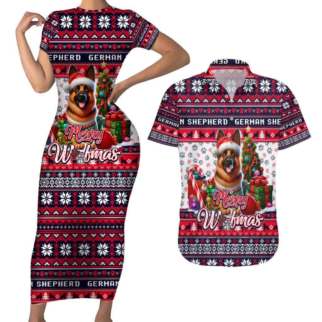 German Shepherd Merry Woofmas Couples Matching Short Sleeve Bodycon Dress and Hawaiian Shirt Christmas Dog Art Style - Wonder Print Shop