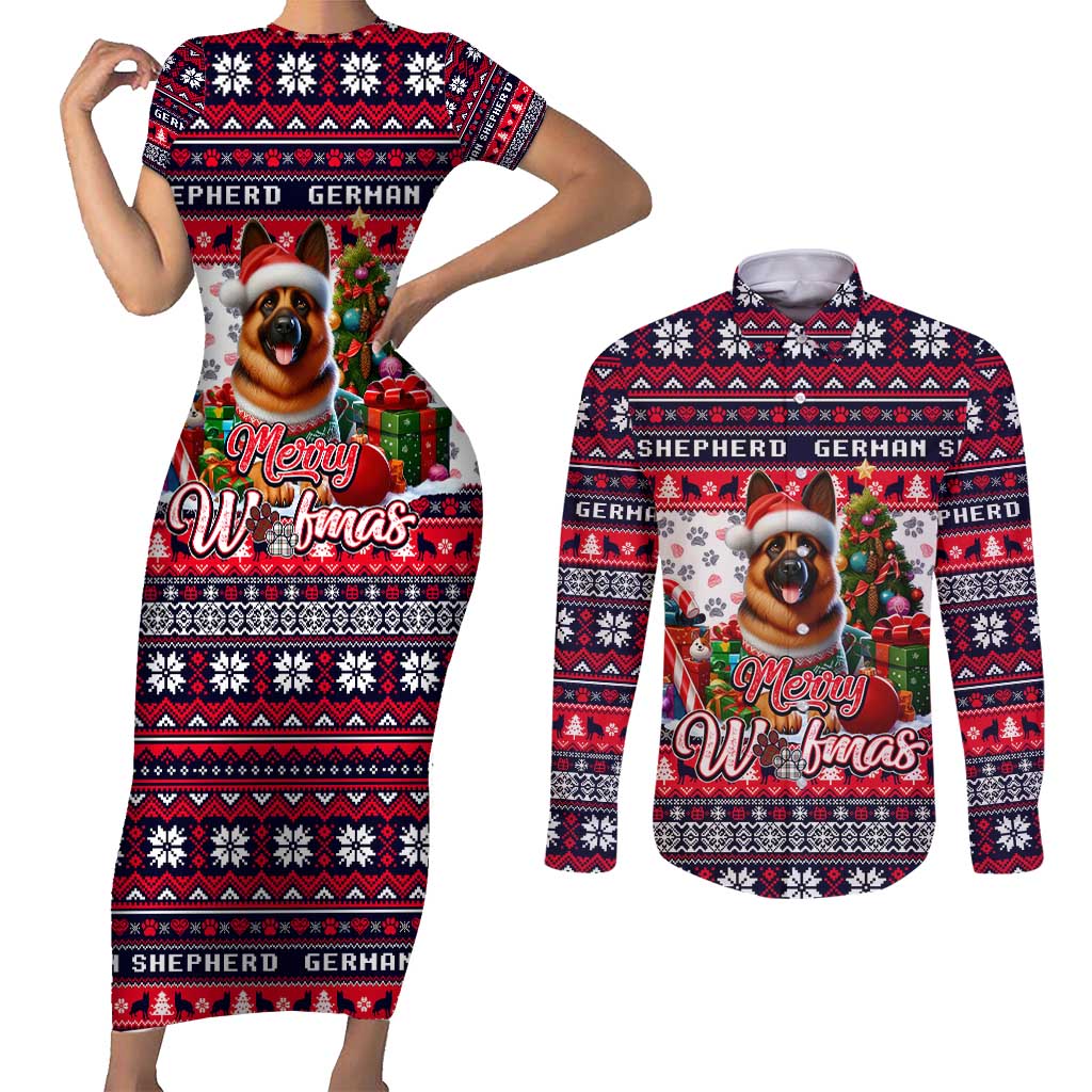 German Shepherd Merry Woofmas Couples Matching Short Sleeve Bodycon Dress and Long Sleeve Button Shirt Christmas Dog Art Style - Wonder Print Shop