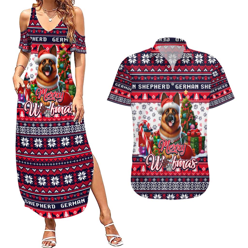 German Shepherd Merry Woofmas Couples Matching Summer Maxi Dress and Hawaiian Shirt Christmas Dog Art Style - Wonder Print Shop