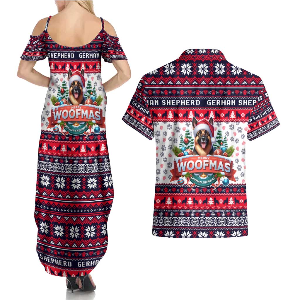 German Shepherd Merry Woofmas Couples Matching Summer Maxi Dress and Hawaiian Shirt Christmas Dog Art Style - Wonder Print Shop