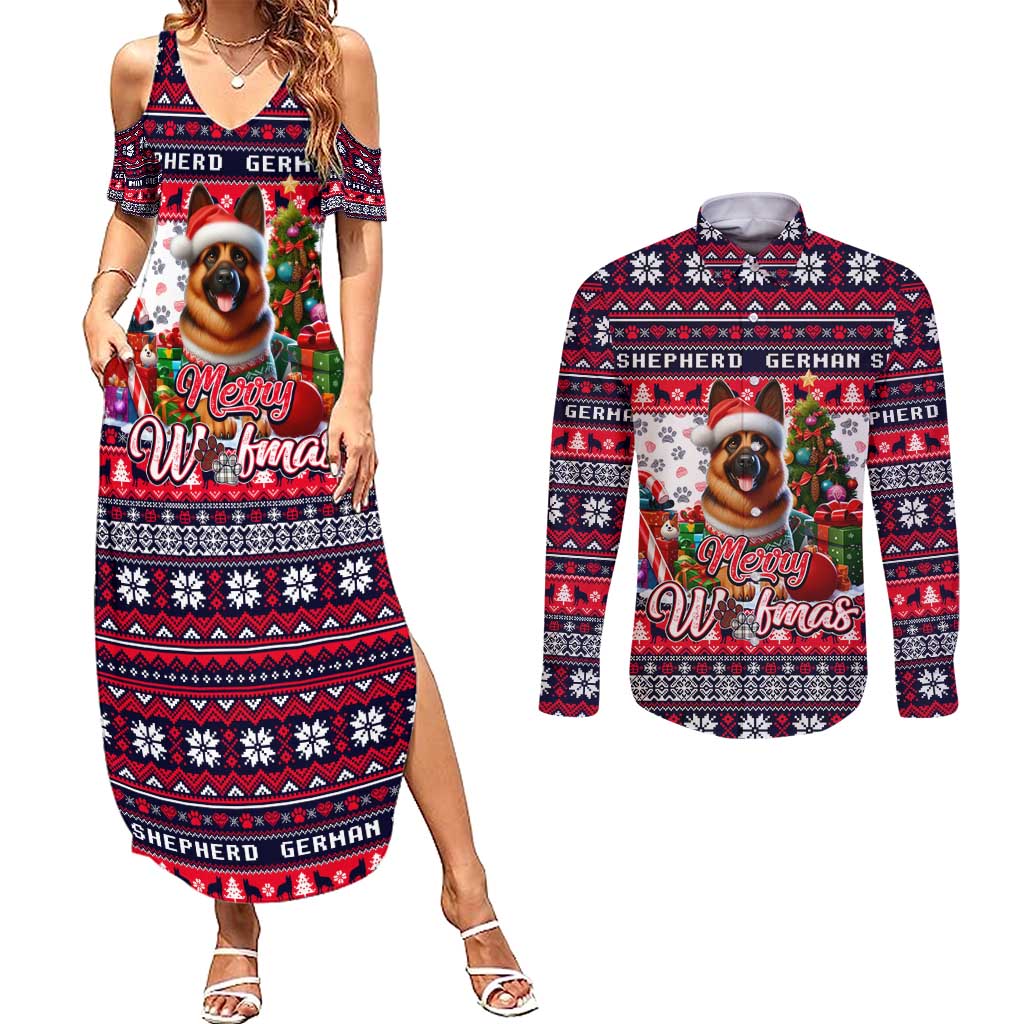 German Shepherd Merry Woofmas Couples Matching Summer Maxi Dress and Long Sleeve Button Shirt Christmas Dog Art Style - Wonder Print Shop
