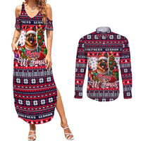 German Shepherd Merry Woofmas Couples Matching Summer Maxi Dress and Long Sleeve Button Shirt Christmas Dog Art Style - Wonder Print Shop