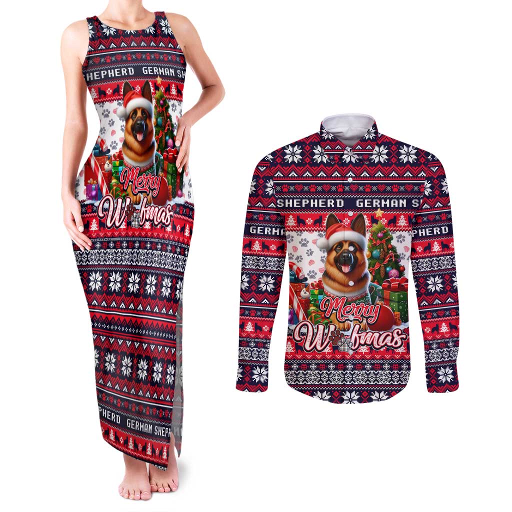 German Shepherd Merry Woofmas Couples Matching Tank Maxi Dress and Long Sleeve Button Shirt Christmas Dog Art Style - Wonder Print Shop