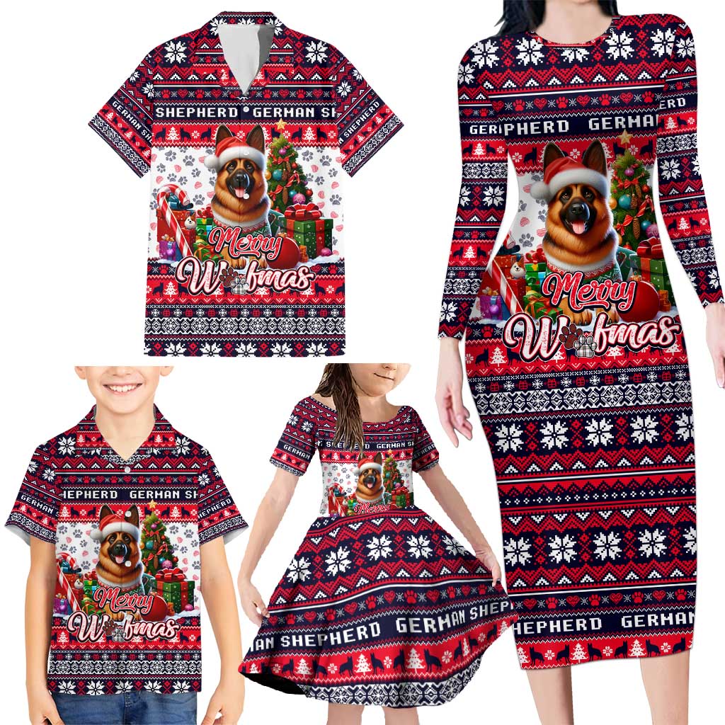 German Shepherd Merry Woofmas Family Matching Long Sleeve Bodycon Dress and Hawaiian Shirt Christmas Dog Art Style - Wonder Print Shop