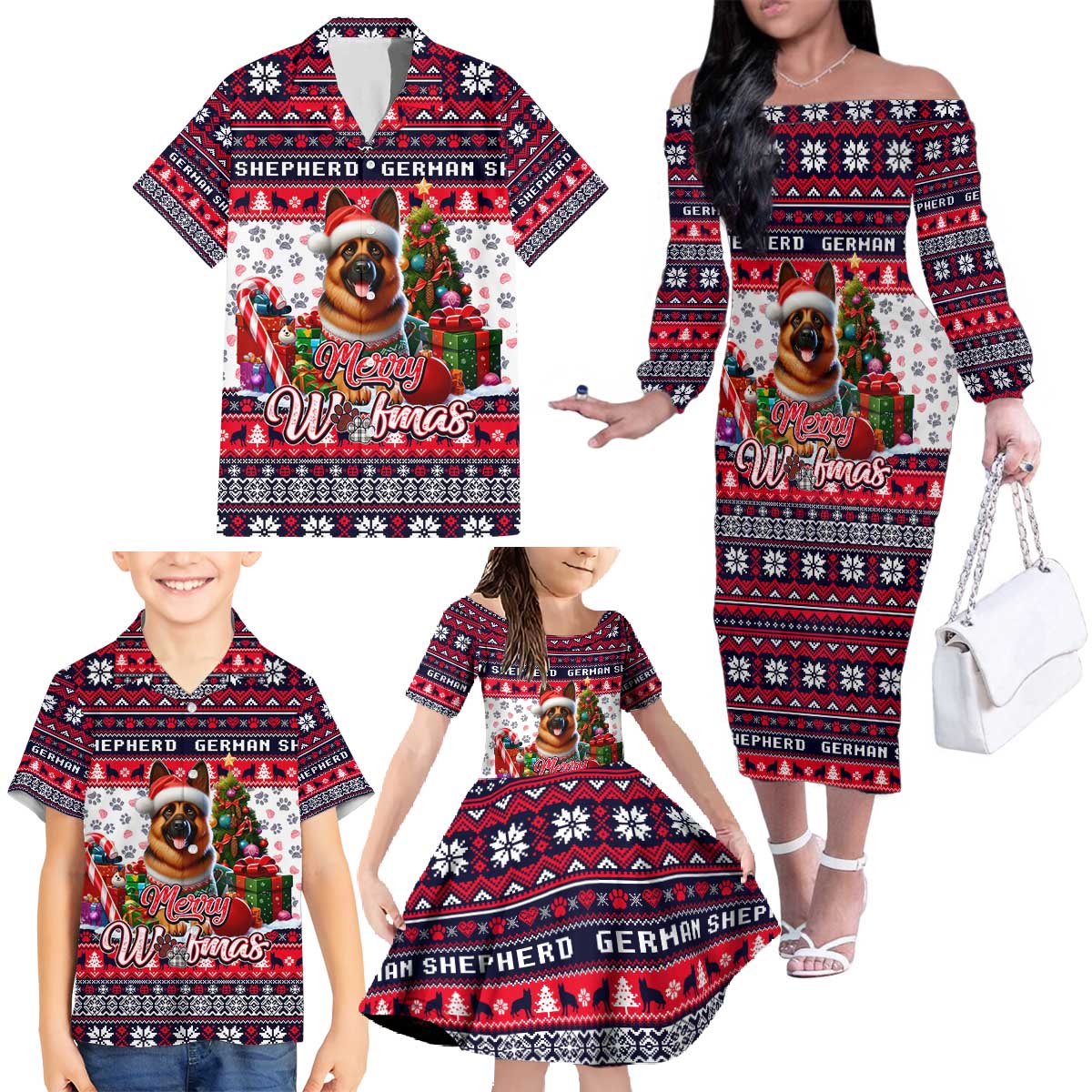 German Shepherd Merry Woofmas Family Matching Off The Shoulder Long Sleeve Dress and Hawaiian Shirt Christmas Dog Art Style - Wonder Print Shop