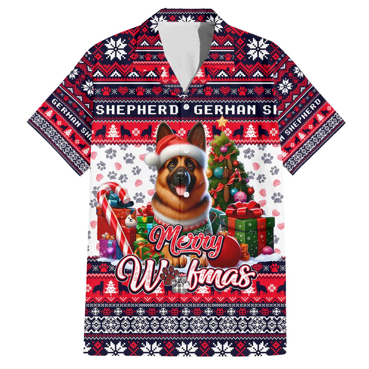 German Shepherd Merry Woofmas Family Matching Off The Shoulder Long Sleeve Dress and Hawaiian Shirt Christmas Dog Art Style - Wonder Print Shop
