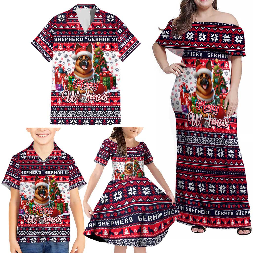 German Shepherd Merry Woofmas Family Matching Off Shoulder Maxi Dress and Hawaiian Shirt Christmas Dog Art Style - Wonder Print Shop