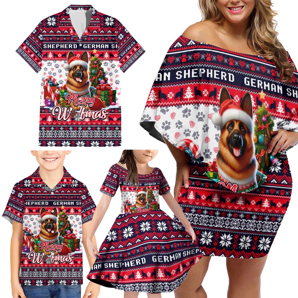 German Shepherd Merry Woofmas Family Matching Off Shoulder Short Dress and Hawaiian Shirt Christmas Dog Art Style - Wonder Print Shop