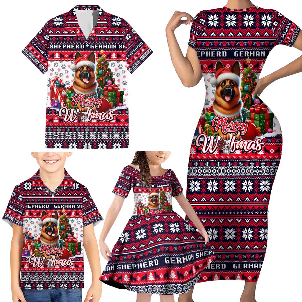 German Shepherd Merry Woofmas Family Matching Short Sleeve Bodycon Dress and Hawaiian Shirt Christmas Dog Art Style - Wonder Print Shop