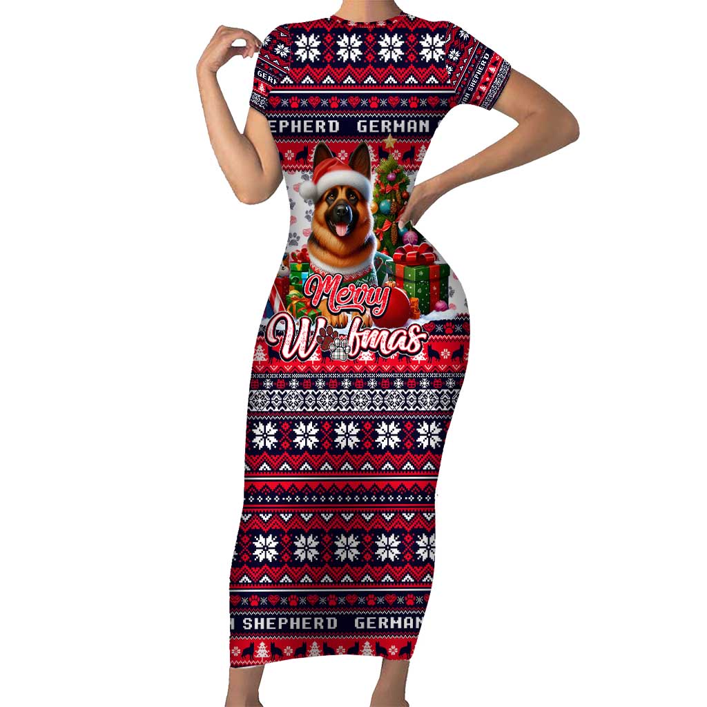 German Shepherd Merry Woofmas Family Matching Short Sleeve Bodycon Dress and Hawaiian Shirt Christmas Dog Art Style - Wonder Print Shop