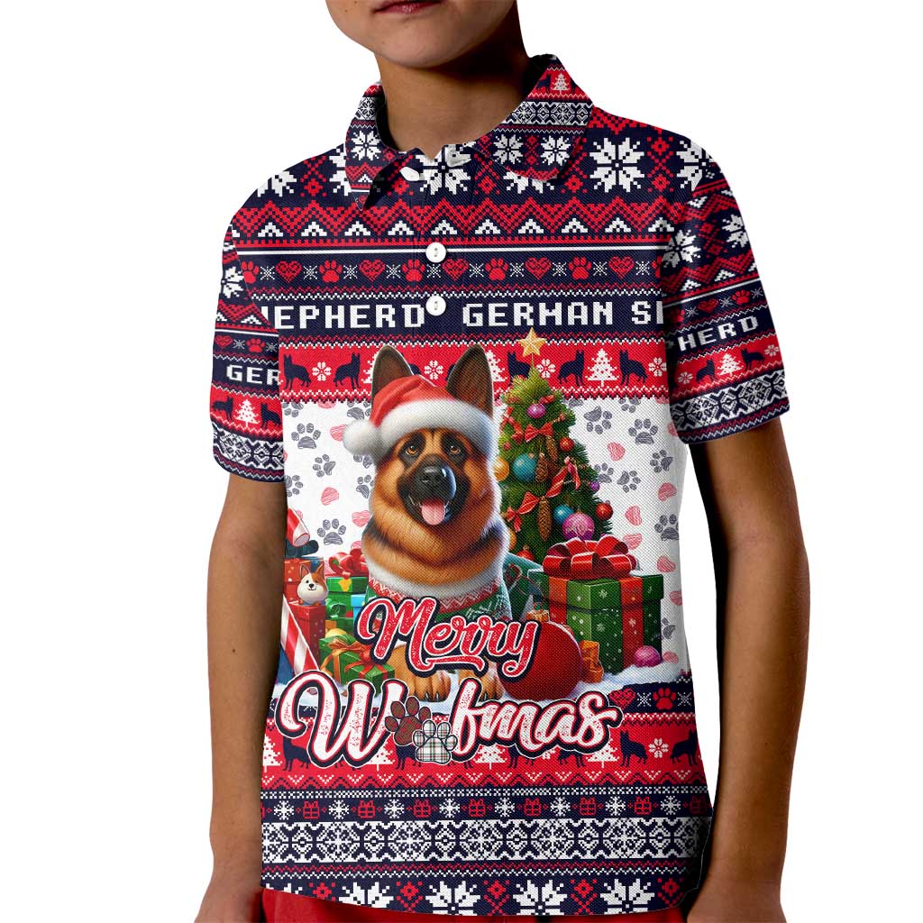 German Shepherd Merry Woofmas Kid Polo Shirt Christmas Dog Art Style - Wonder Print Shop