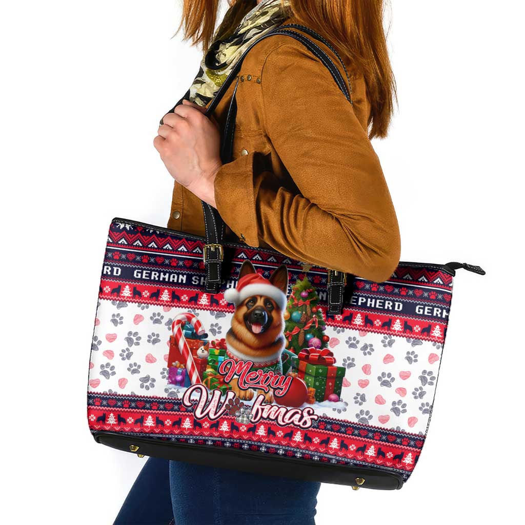 German Shepherd Merry Woofmas Leather Tote Bag Christmas Dog Art Style - Wonder Print Shop