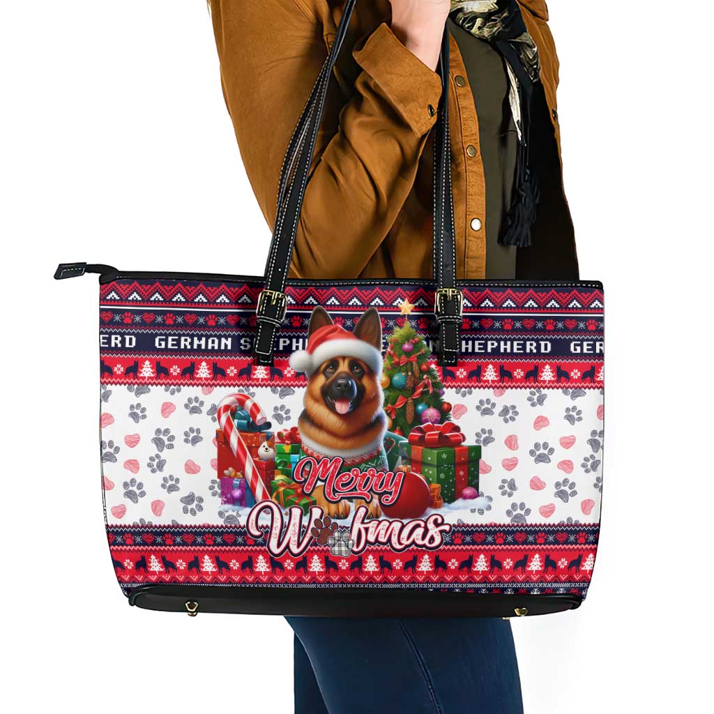 German Shepherd Merry Woofmas Leather Tote Bag Christmas Dog Art Style - Wonder Print Shop
