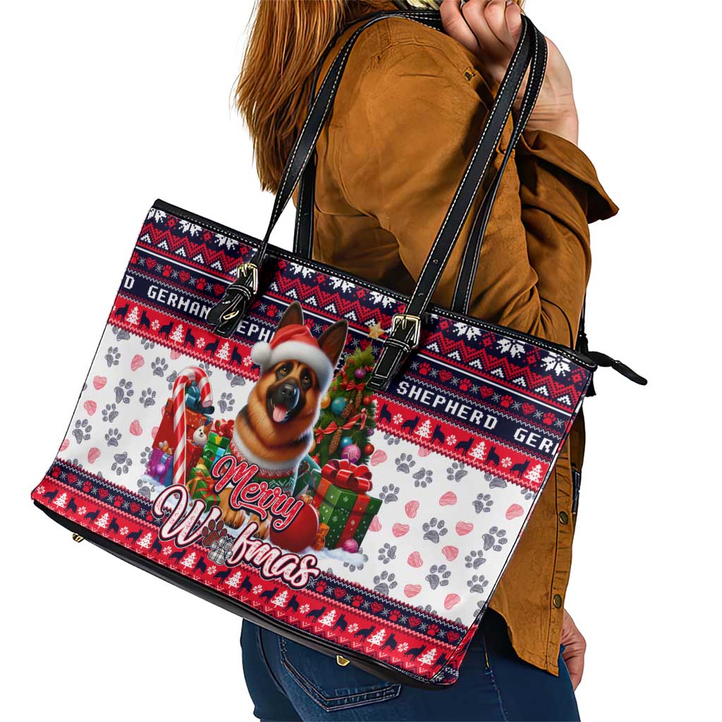 German Shepherd Merry Woofmas Leather Tote Bag Christmas Dog Art Style - Wonder Print Shop