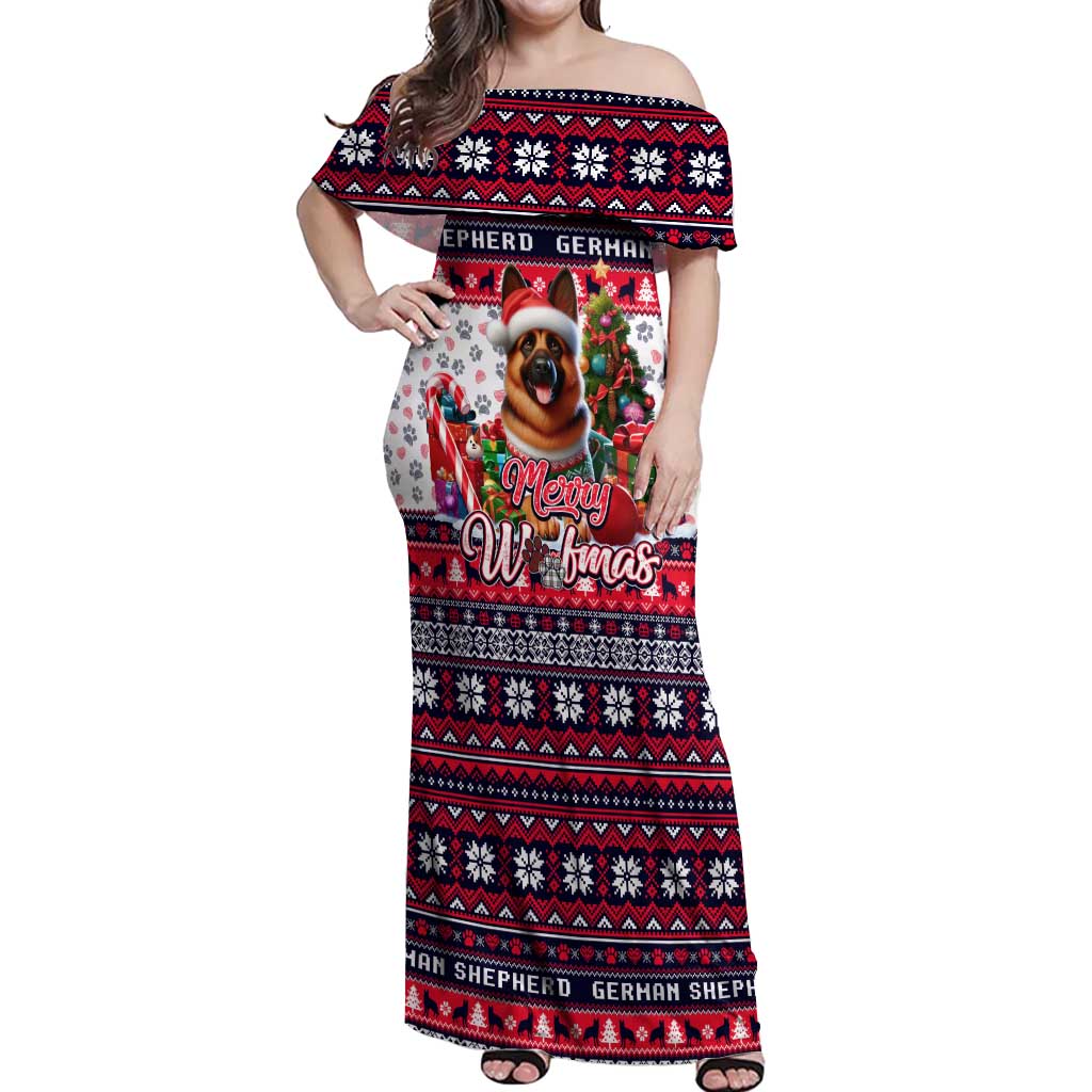 German Shepherd Merry Woofmas Off Shoulder Maxi Dress Christmas Dog Art Style - Wonder Print Shop