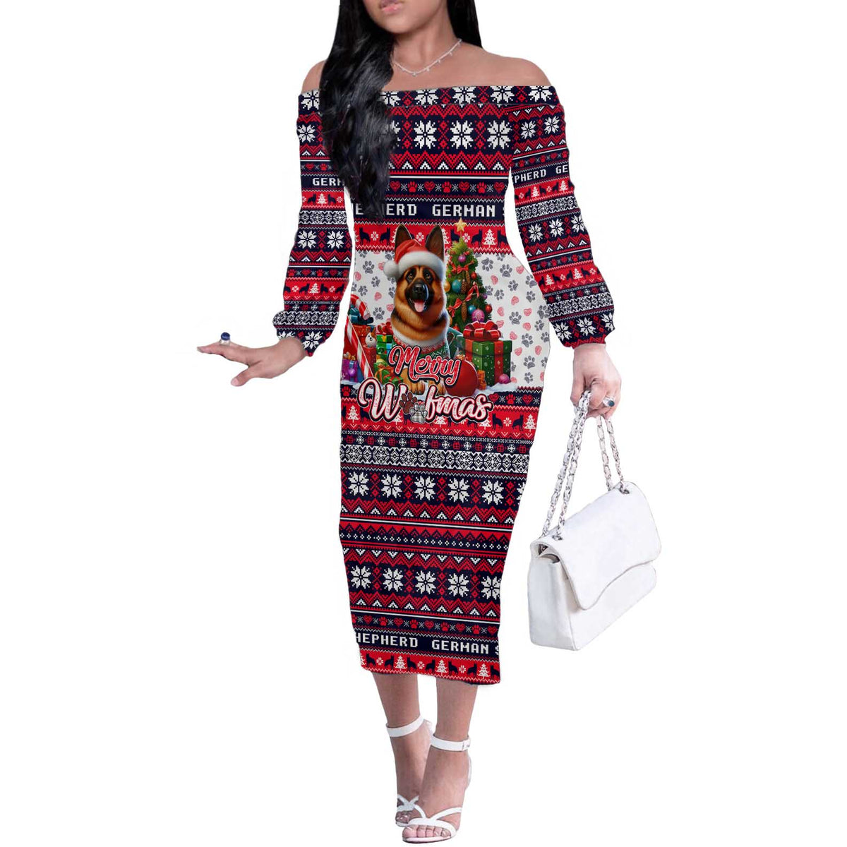 German Shepherd Merry Woofmas Off The Shoulder Long Sleeve Dress Christmas Dog Art Style - Wonder Print Shop