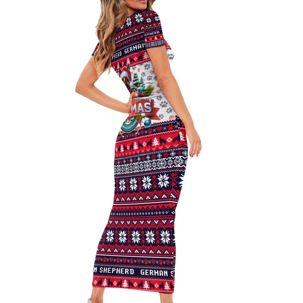 German Shepherd Merry Woofmas Short Sleeve Bodycon Dress Christmas Dog Art Style - Wonder Print Shop