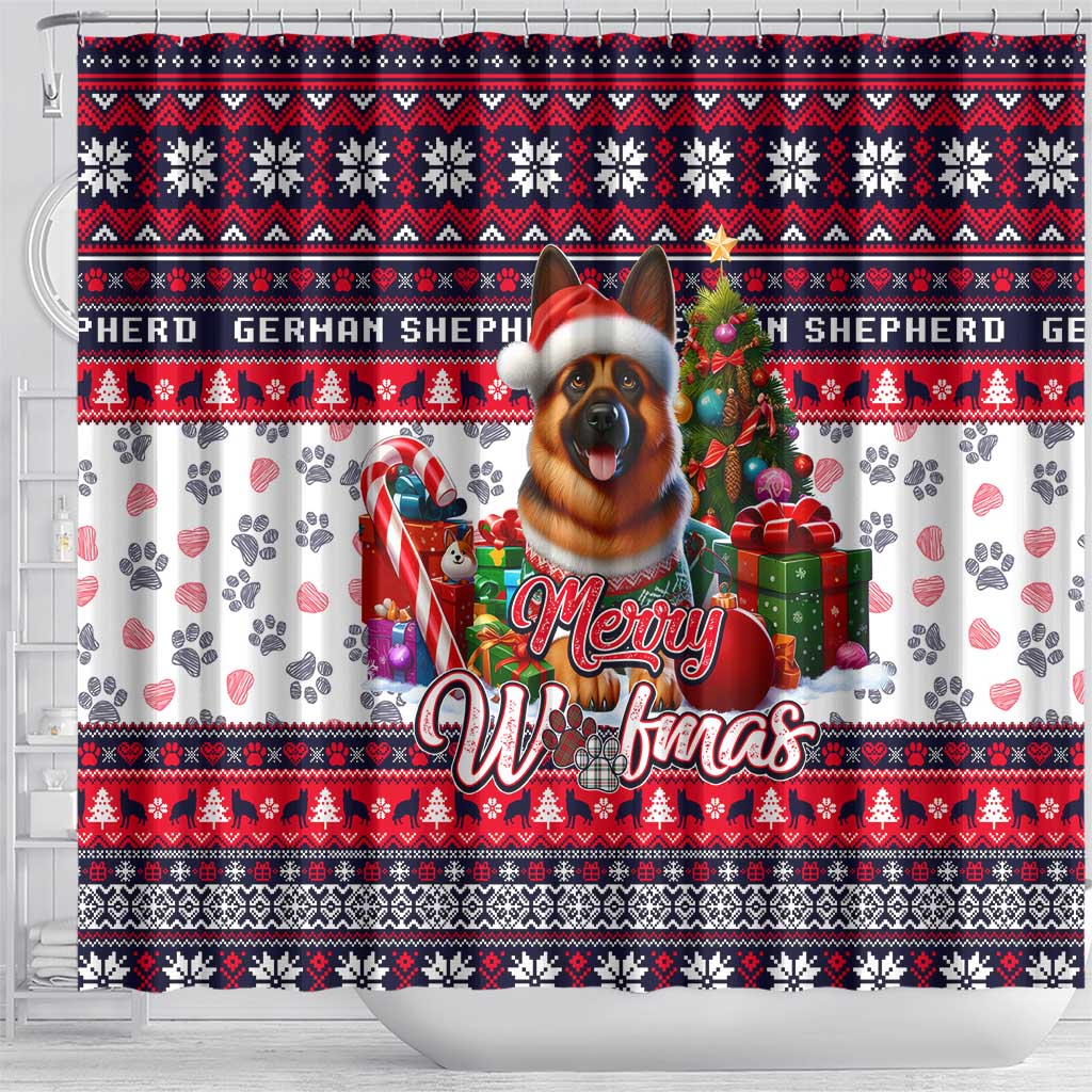 German Shepherd Merry Woofmas Shower Curtain Christmas Dog Art Style