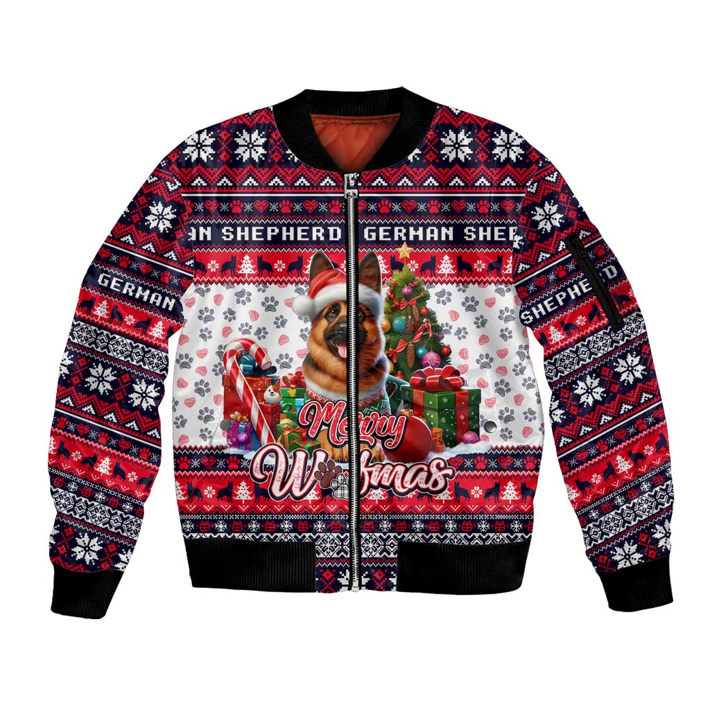 German Shepherd Merry Woofmas Sleeve Zip Bomber Jacket Christmas Dog Art Style - Wonder Print Shop