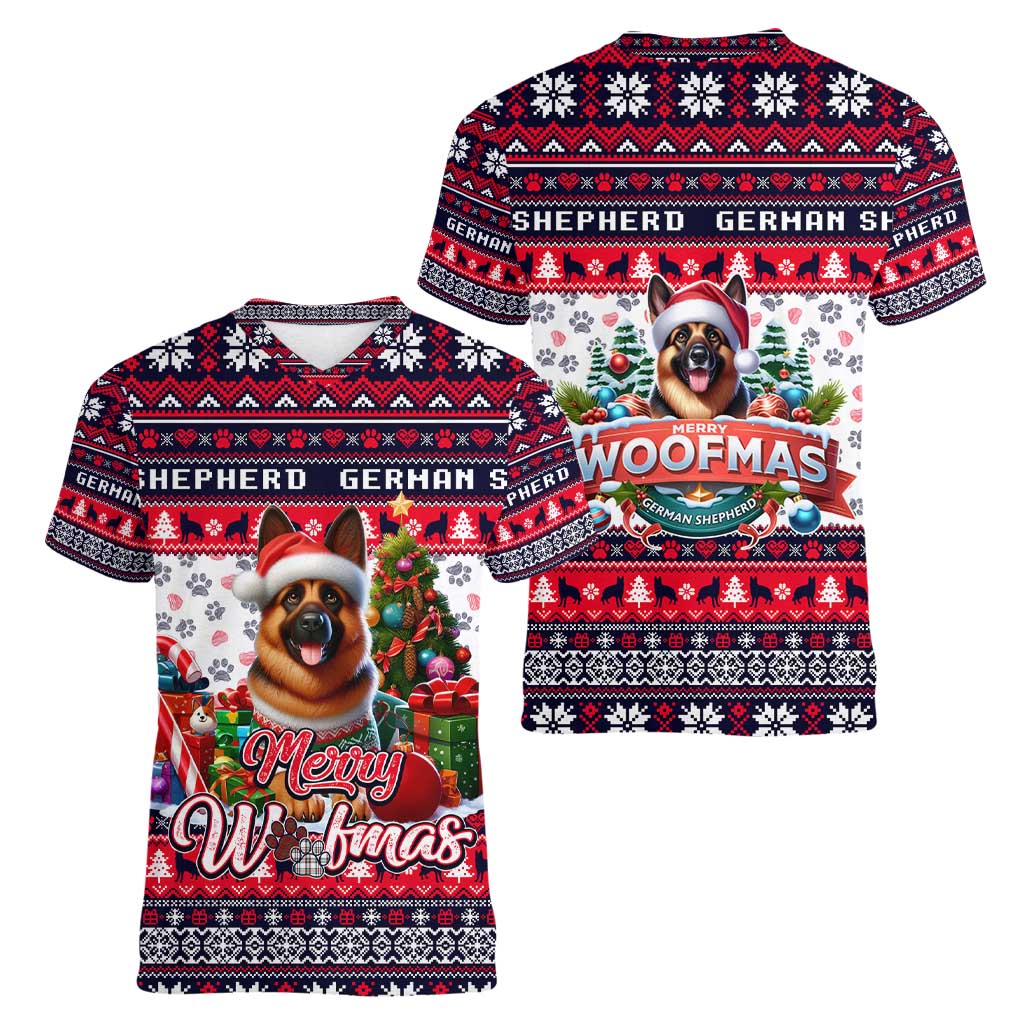 German Shepherd Merry Woofmas Women V-Neck T-Shirt Christmas Dog Art Style - Wonder Print Shop