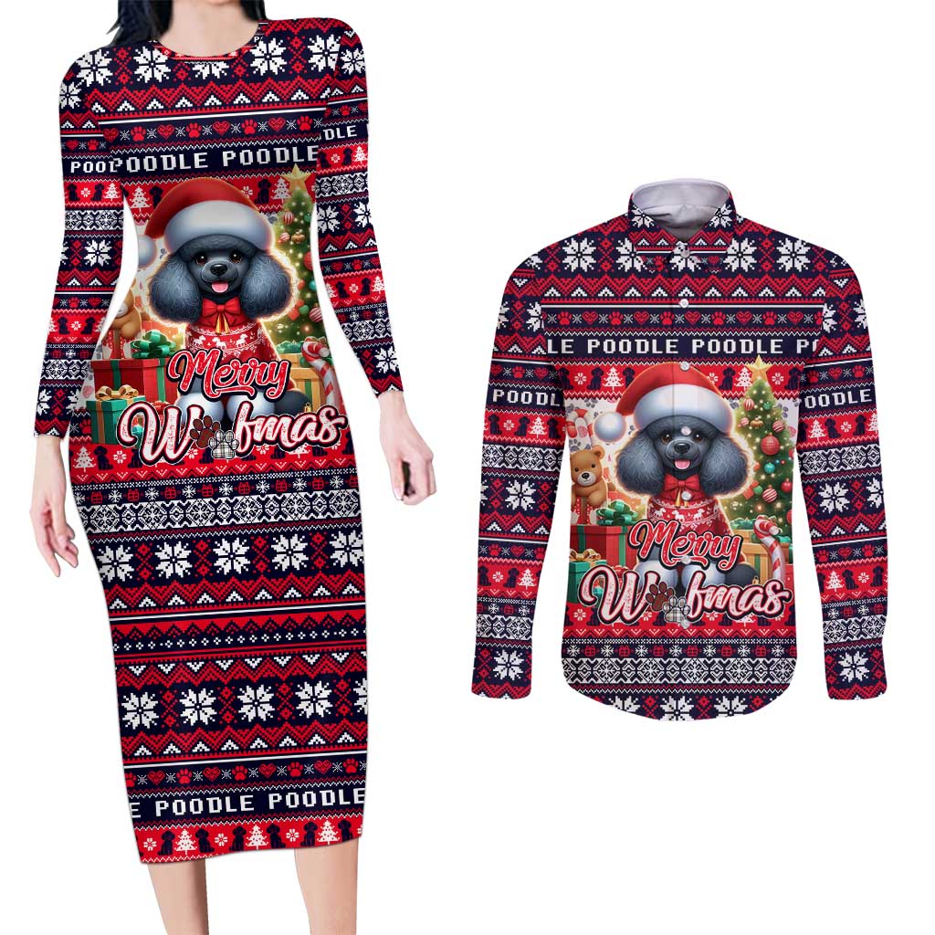 Poodle Merry Woofmas Couples Matching Long Sleeve Bodycon Dress and Long Sleeve Button Shirt Christmas Dog Art Style - Wonder Print Shop