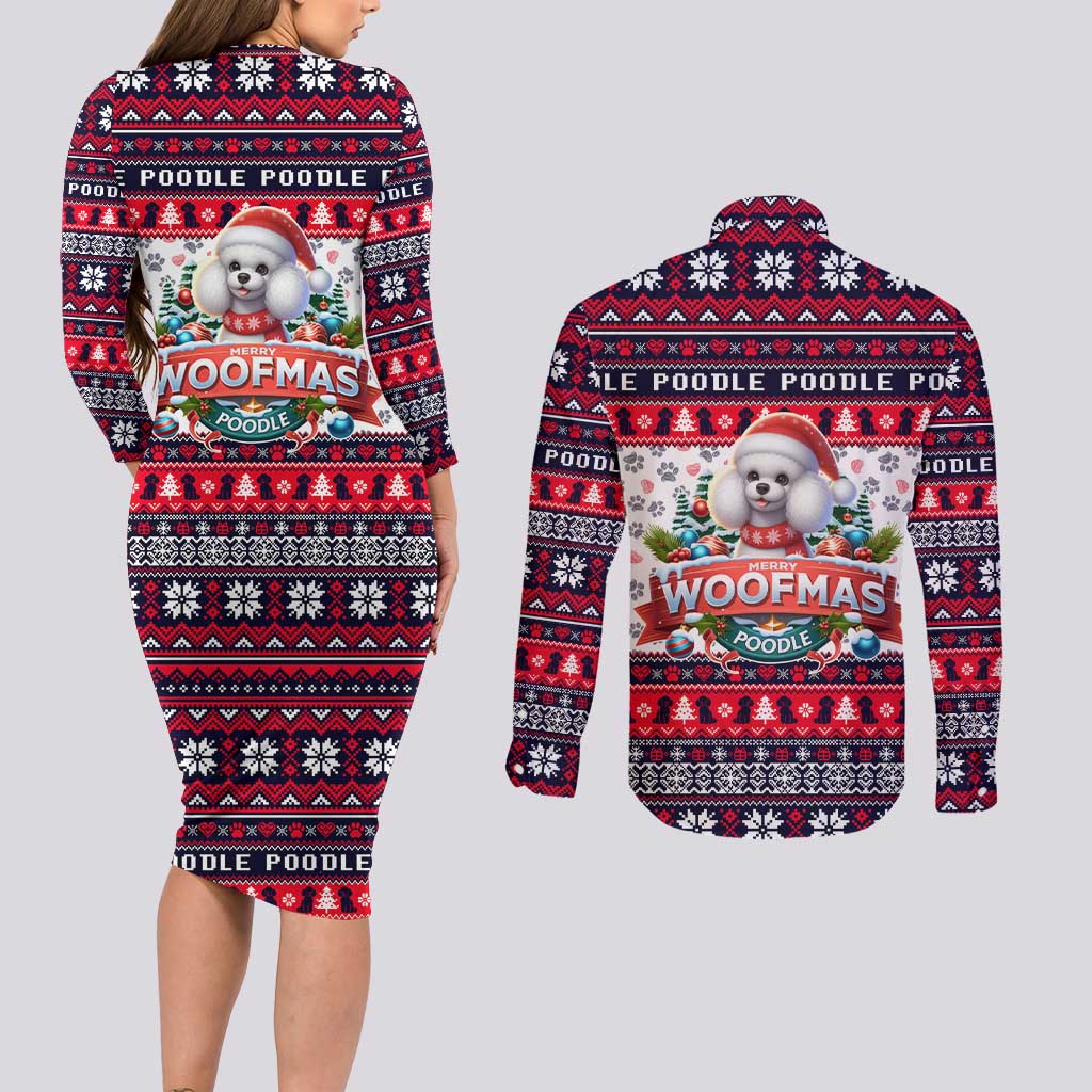 Poodle Merry Woofmas Couples Matching Long Sleeve Bodycon Dress and Long Sleeve Button Shirt Christmas Dog Art Style - Wonder Print Shop