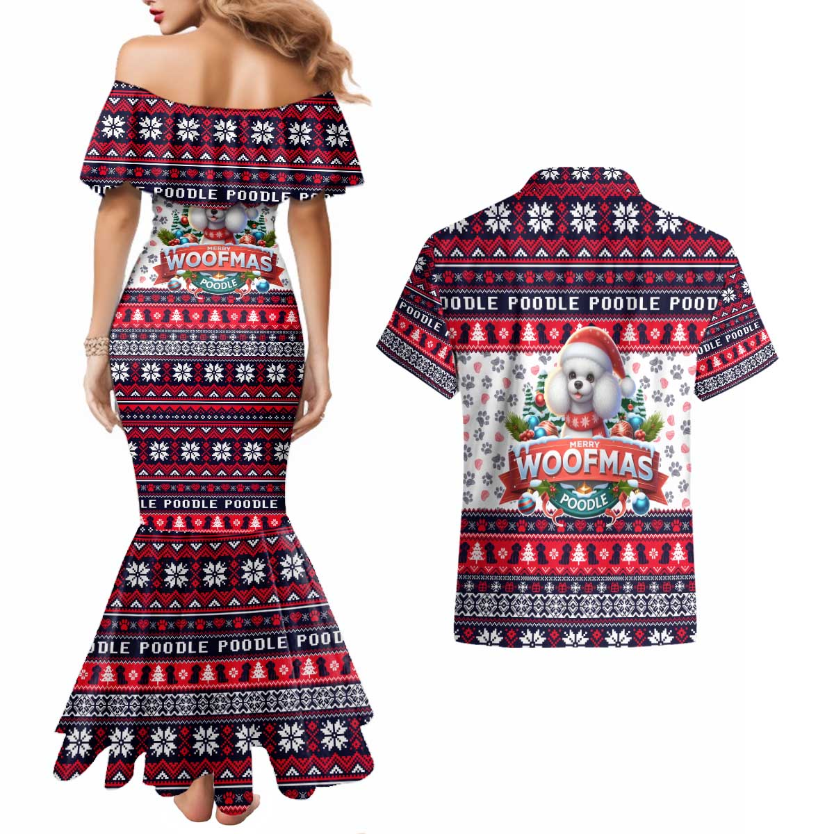 Poodle Merry Woofmas Couples Matching Mermaid Dress and Hawaiian Shirt Christmas Dog Art Style - Wonder Print Shop