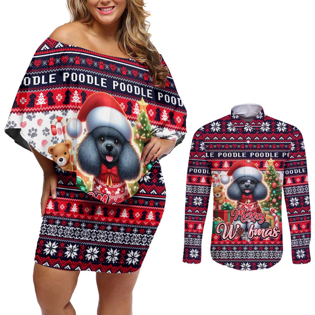 Poodle Merry Woofmas Couples Matching Off Shoulder Short Dress and Long Sleeve Button Shirt Christmas Dog Art Style - Wonder Print Shop