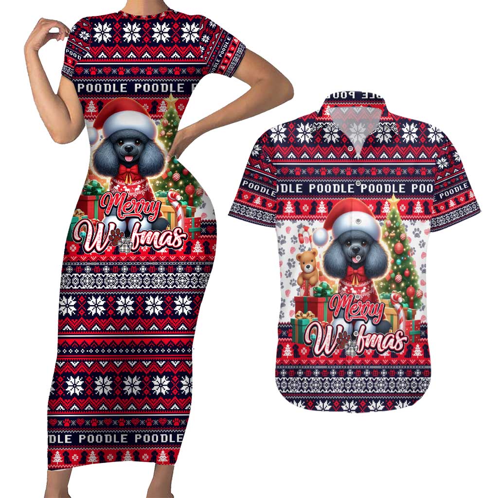 Poodle Merry Woofmas Couples Matching Short Sleeve Bodycon Dress and Hawaiian Shirt Christmas Dog Art Style - Wonder Print Shop