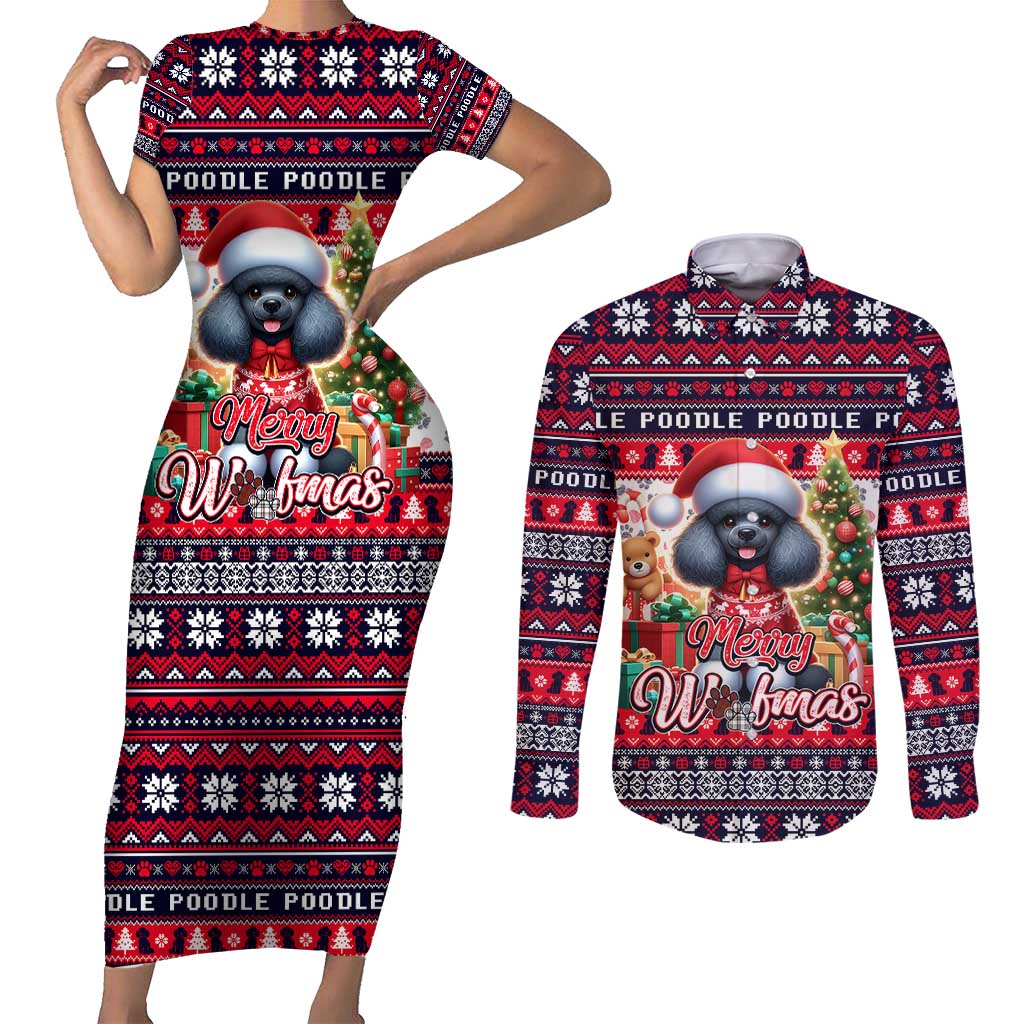 Poodle Merry Woofmas Couples Matching Short Sleeve Bodycon Dress and Long Sleeve Button Shirt Christmas Dog Art Style - Wonder Print Shop